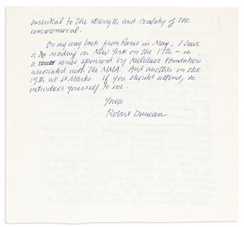 ROBERT DUNCAN (1919-1988) Autograph Letter Signed, to historian Jonathan Ned Katz,